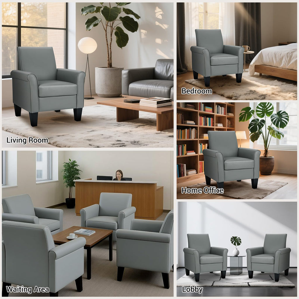 Faux Leather Accent Chair Set of 2, Mid Century Modern Living Room Chair, Upholstered Comfortable PU Leather Armchair for Bedroom, Office or Waiting Areas-Black