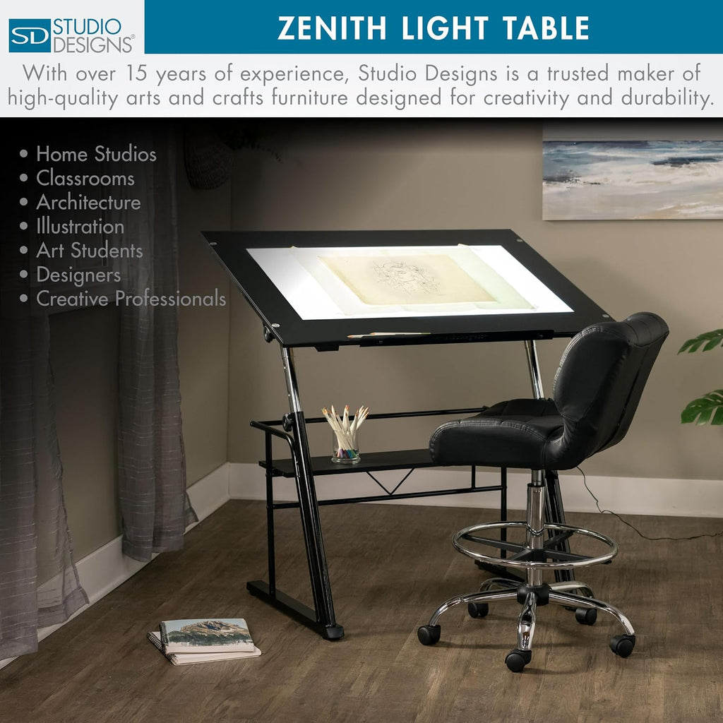 Studio Designs Zenith Drafting Light Table with Built-in ArtographÂ® LED Light Pad, Adjustable Height & Angle Glass Drafting Desk, Modern Artist Workstation for Drawing, Tracing, Drafting & Design