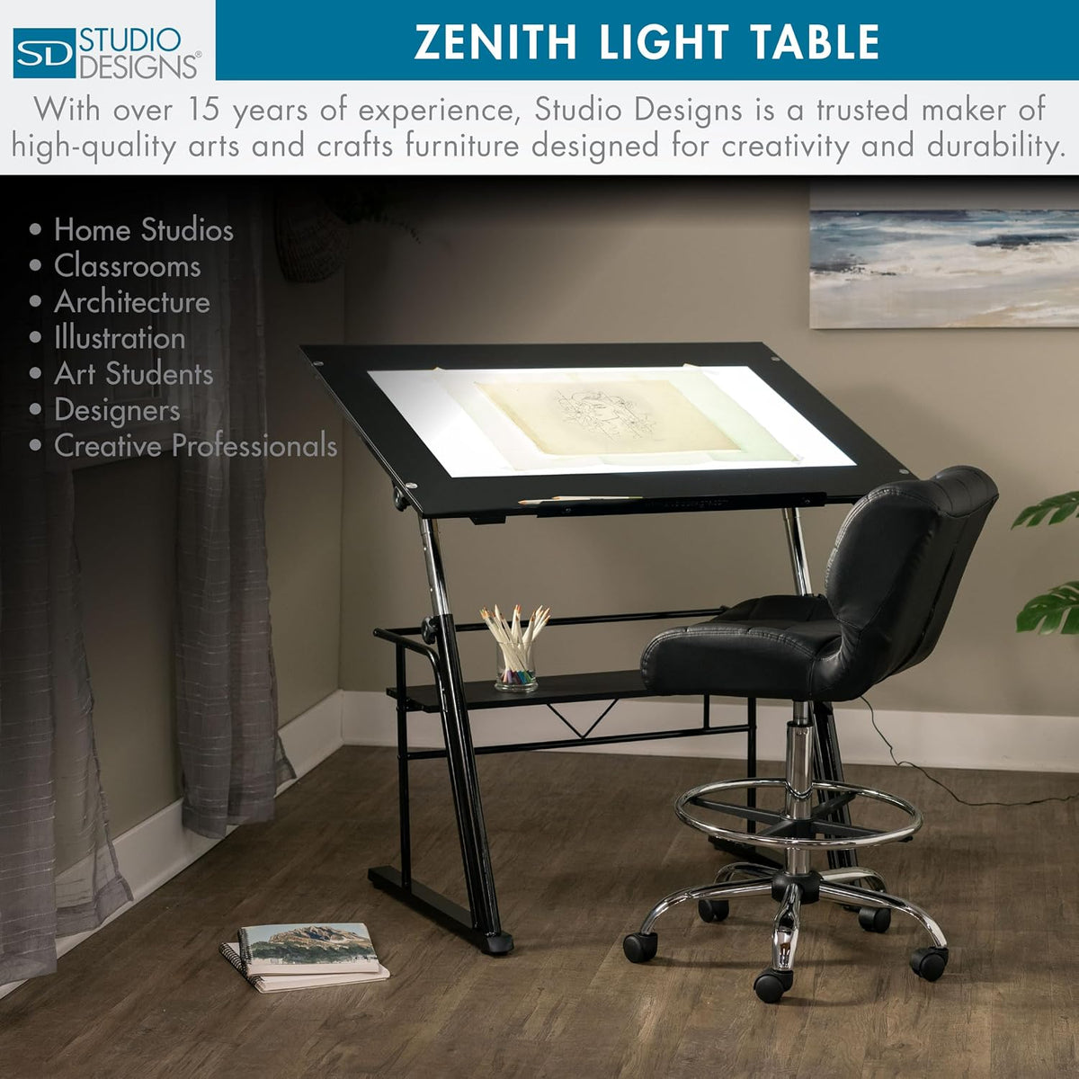 Studio Designs Zenith Drafting Light Table with Built-in ArtographÂ® LED Light Pad, Adjustable Height & Angle Glass Drafting Desk, Modern Artist Workstation for Drawing, Tracing, Drafting & Design