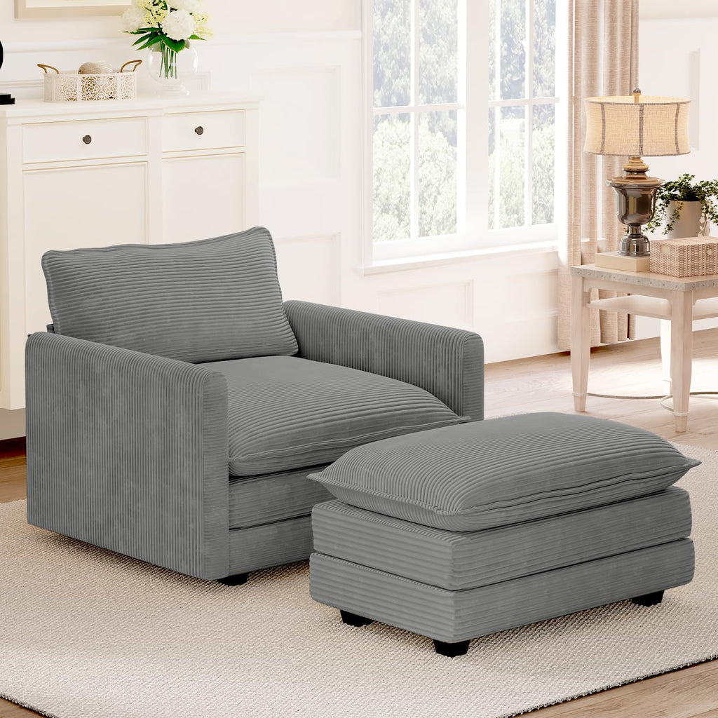 ROWHY 41'' Single Armchair with Ottoman, Modern Corduroy Cloud Couch with Convertible Chaise, Upholstered Sofa Set for Living Room, Green