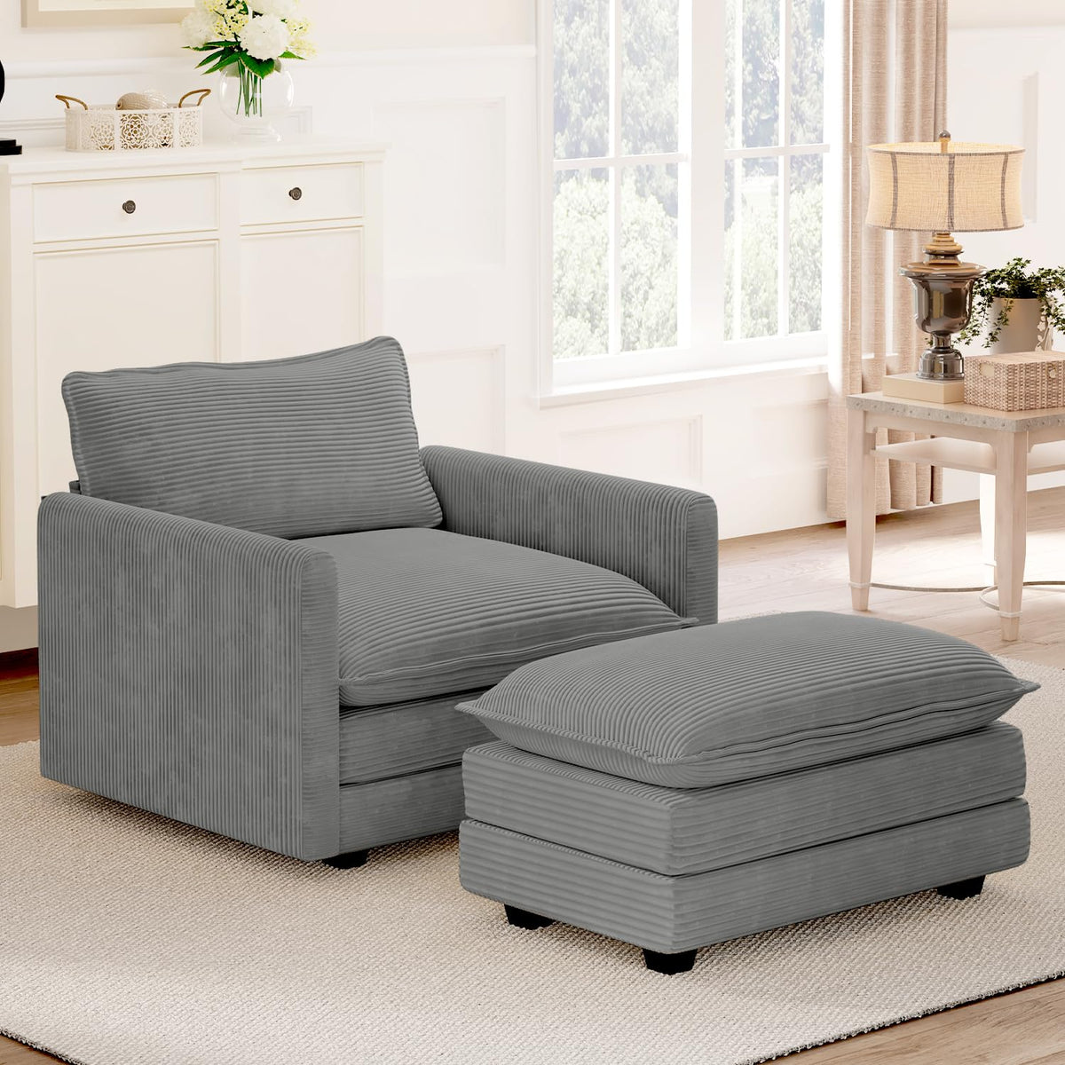 ROWHY 41'' Single Armchair with Ottoman, Modern Corduroy Cloud Couch with Convertible Chaise, Upholstered Sofa Set for Living Room, Green