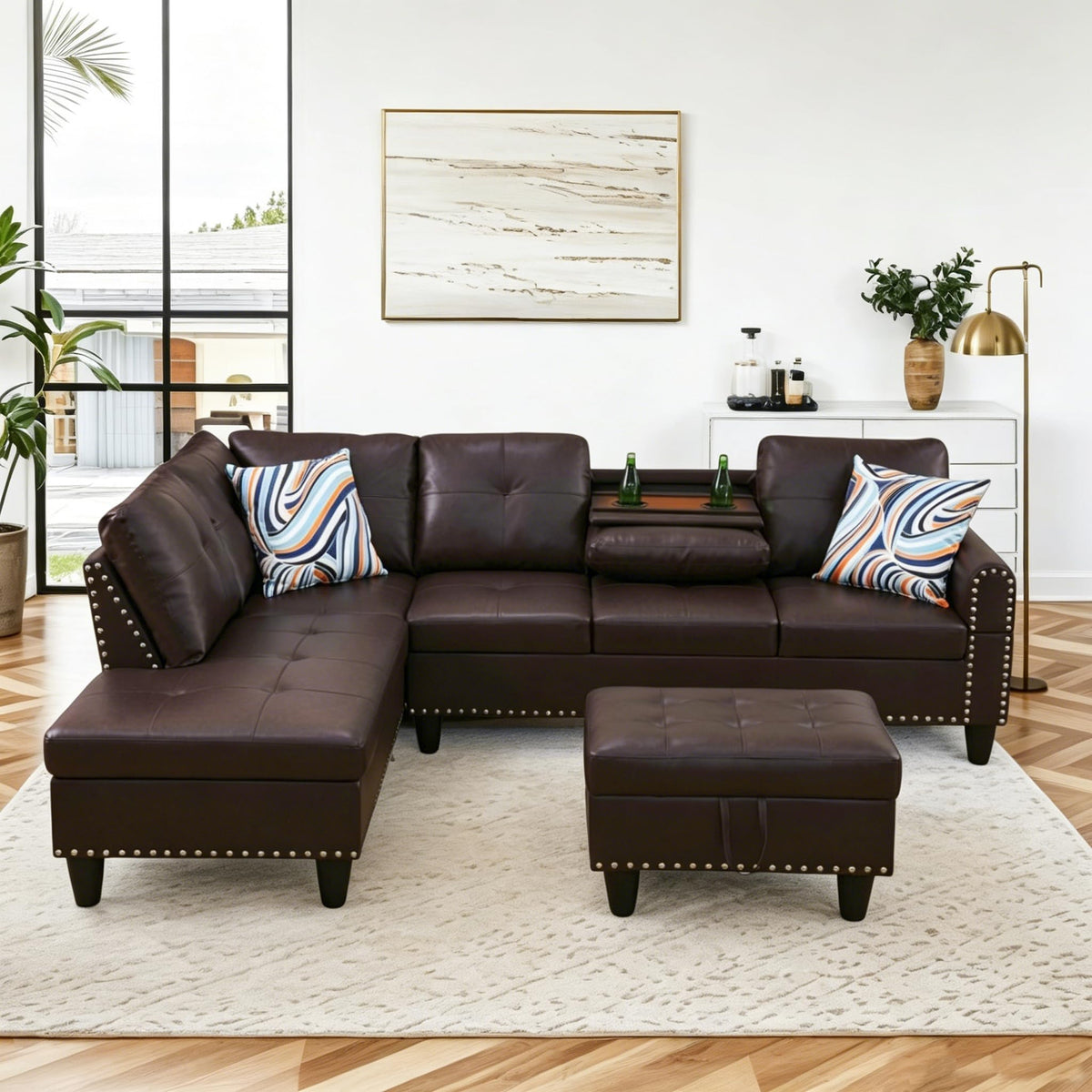 97.5" Leather L Shaped Couch with Left Chaise & Cup Holder, Sectional Sofas Modular Furniture Set with Storage Ottoman, Convertible Couches for Living Room, Office & Small Space (Black)