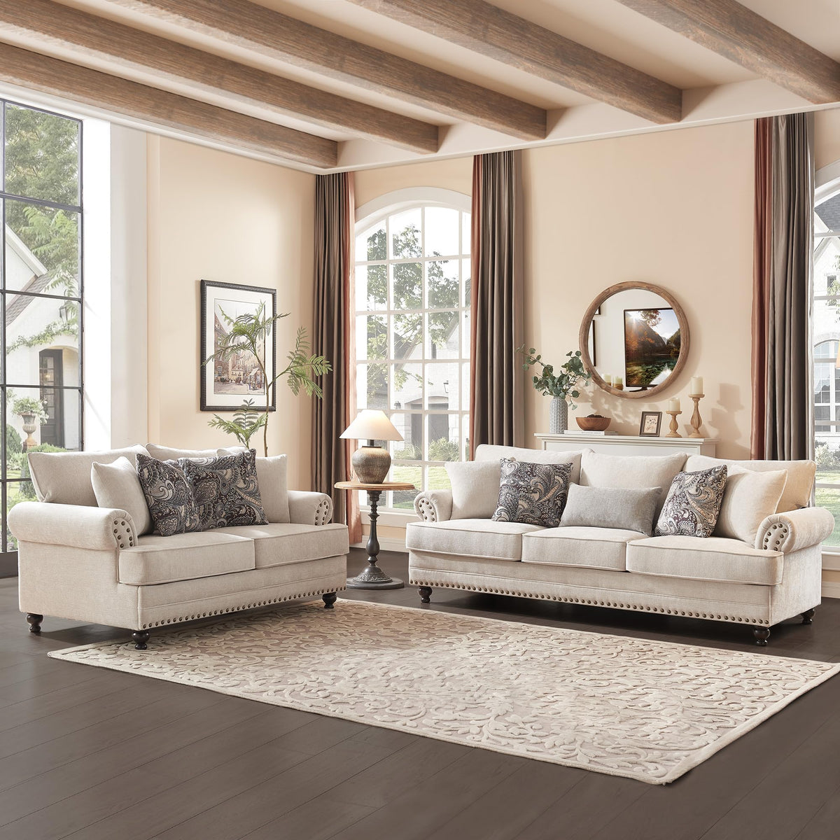 Modern Farmhouse Loveseat Sofa, Chenille Upholstery with Nailhead Trim, Small Couch for Living Room, Bedroom, Office, or Apartment, Includes 4 Accent Pillows