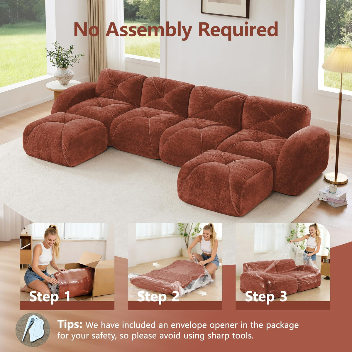 80" Sectional Modular Cloud Couch, Boneless Couch, Loveseat Red