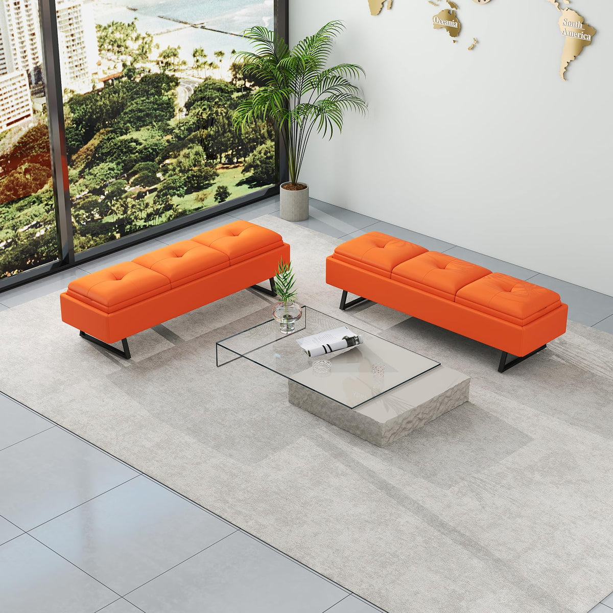 MOTION Leather Bench Waiting Room Chairs - 3 Seat Office Guest Reception Bench with Cushion, Waiting Room Bench Seating, Office Furniture Lobby Chairs for Salon, Shop, Set of 2, Orange