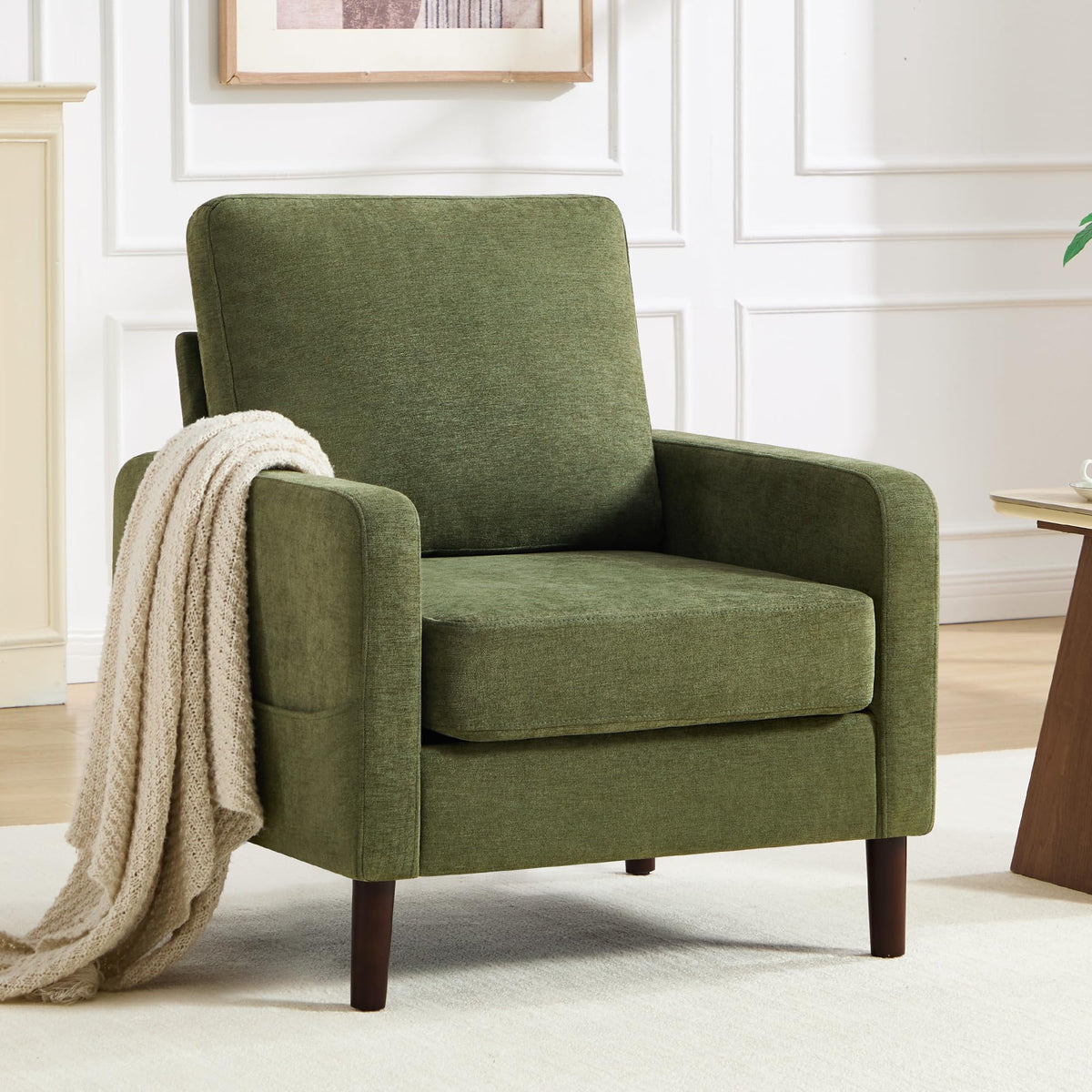 Accent Chair Set of 2, Upholstered Living Room Chairs with Wood Legs and Side Pockets, Modern Reading Chair for Bedroom, Armchair Single Sofa Side Chair for Office, Small Room, Dark Grey