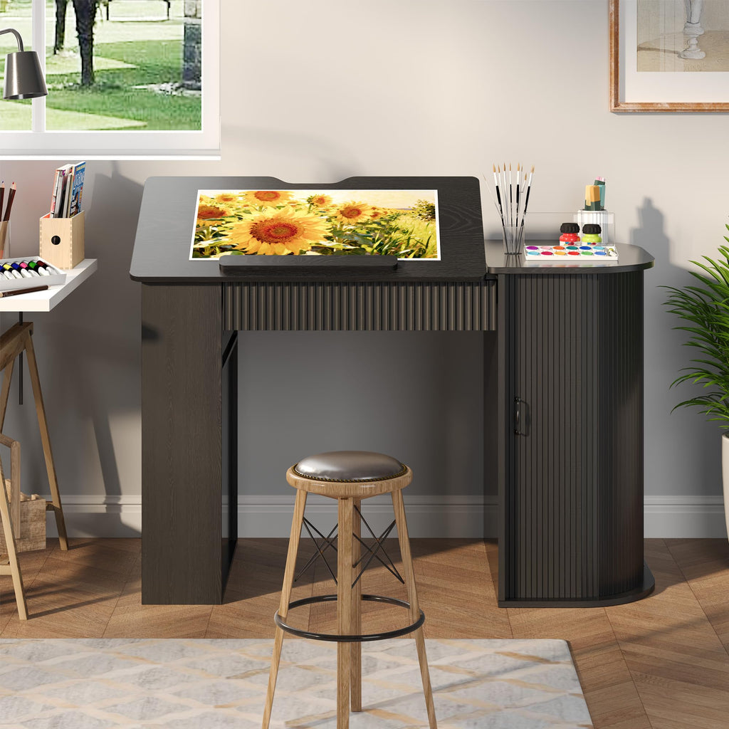 Drafting Table with Storage Cabinet & Drawers, Crafting Table with Open Shelves, Fluted Drawing Desk Computer Desk for Artists, Painters, Drawing, Crafting, Reading, Writing, Working