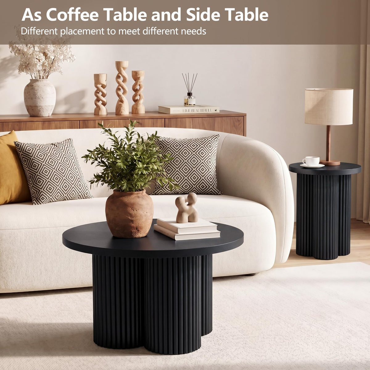 Round Nesting Coffee Table Set of 3 Fluted Coffee Table (Natural)