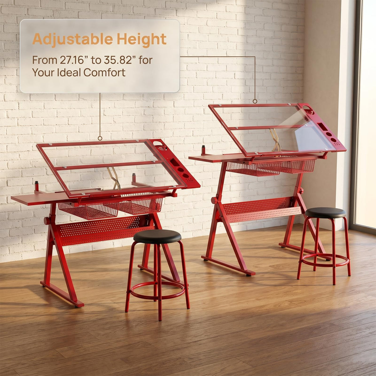 Black Drafting Table Desk w/Stool, Painting Table Art Craft Desk Crafting Table with Tilting Tempered Glass Top, 2 Storage Drawers, Height Adjustable
