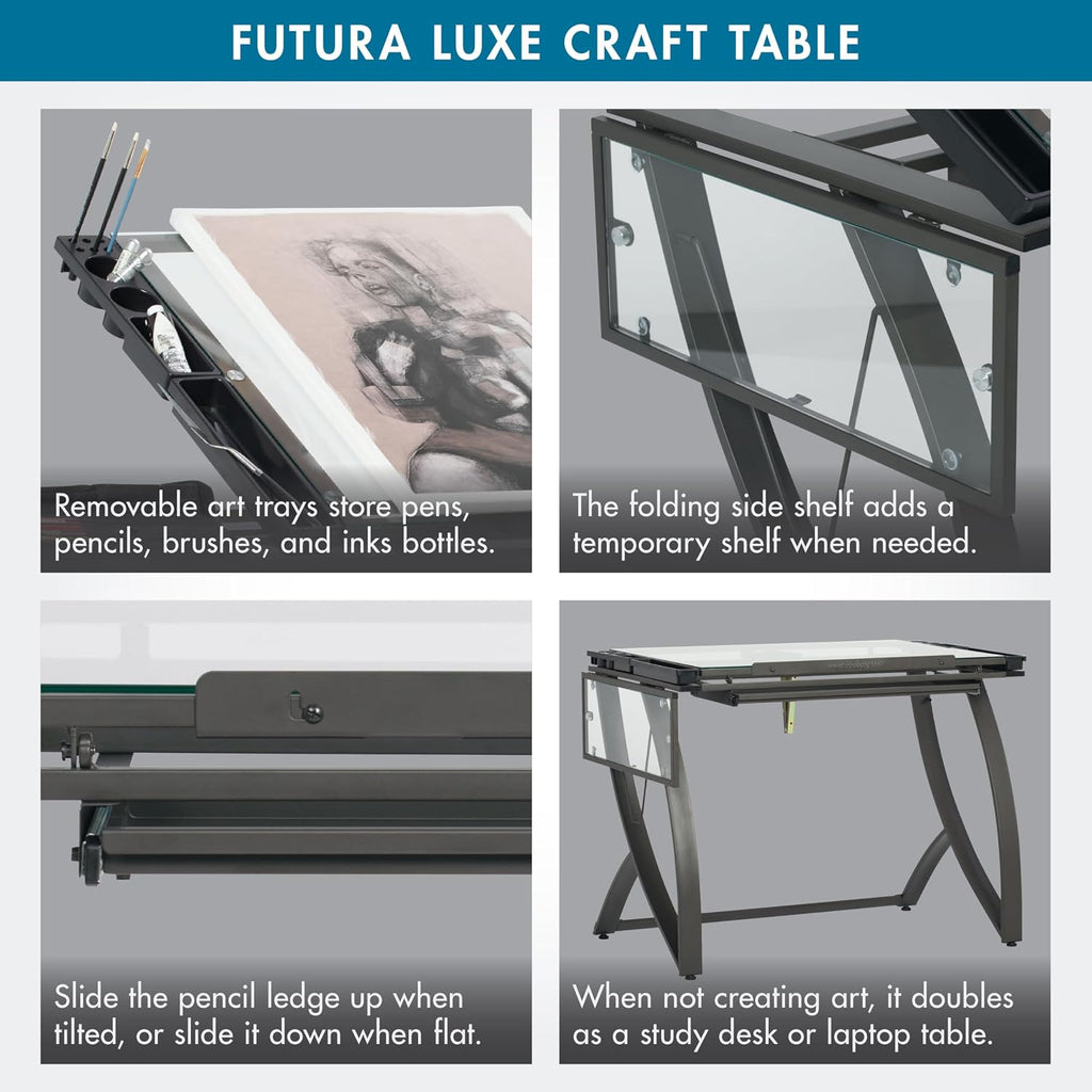 SD STUDIO DESIGNS Futura Luxe Drawing, Drafting, Craft Table with Drawer, 35" Wide Angle Adjustable Top and Side Shelf, Pewter Grey/Clear Glass