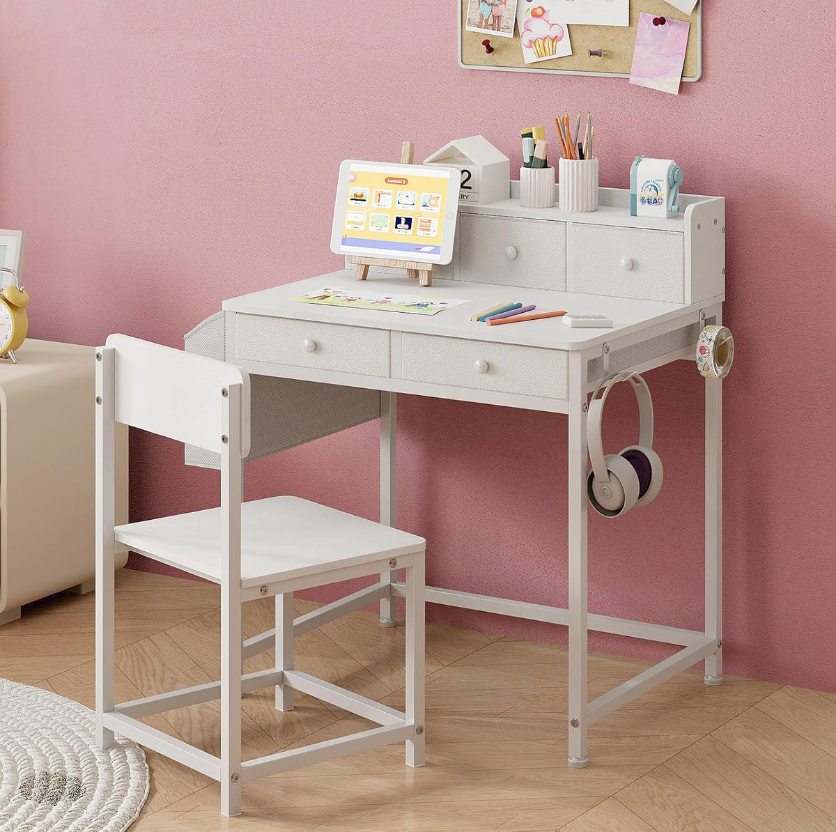 Kids Desk and Chair Set with 5 Fabrics Drawers, Ages 5-8, White