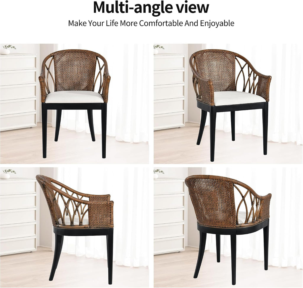 DUHOME 2 Sets Wood Rattan Arm Accent Chairs Natural Wash/White Cushion