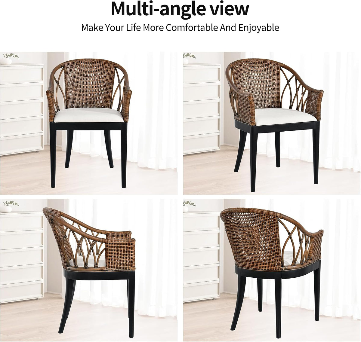 DUHOME 2 Sets Wood Rattan Arm Accent Chairs Natural Wash/White Cushion