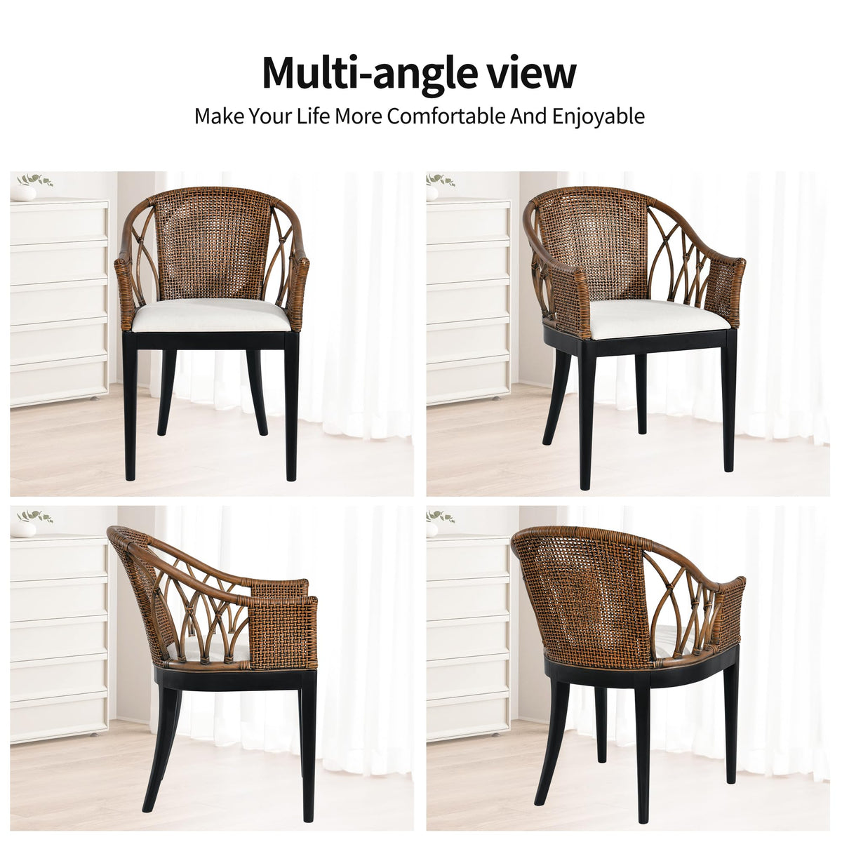 DUHOME 2 Sets Wood Rattan Arm Accent Chairs Natural Wash/White Cushion