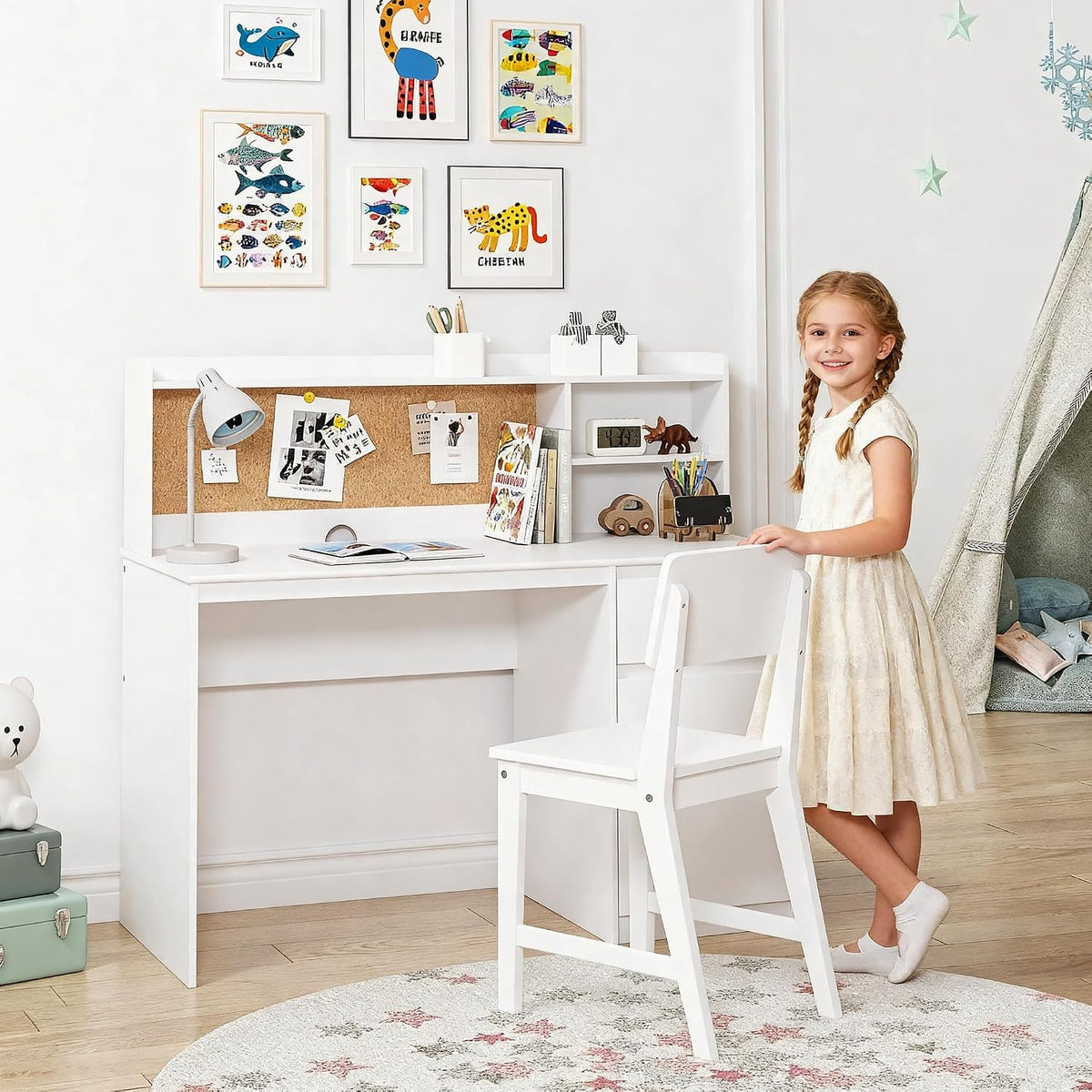 UTEX Wooden Kids Desk and Chair Set with Hutch and Storage for Ages 5-12