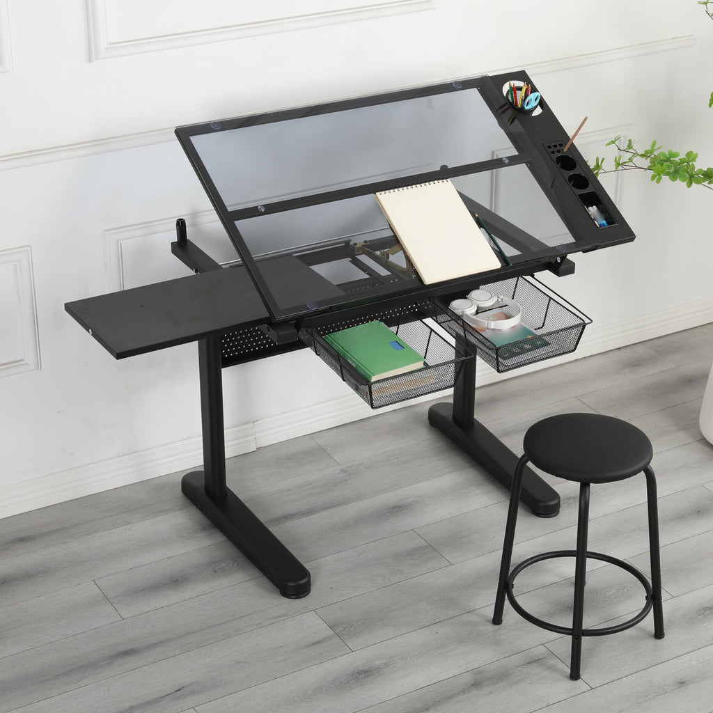Adjustable Drafting Table with Stool, 0-75Â° Tilting Art Desk, White