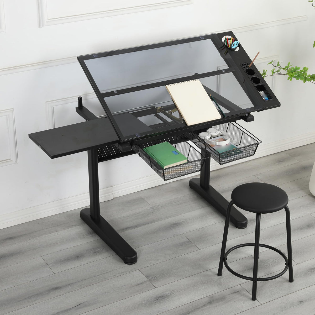 Adjustable Drafting Table with Stool, 0-75Â° Tilting Art Desk, White