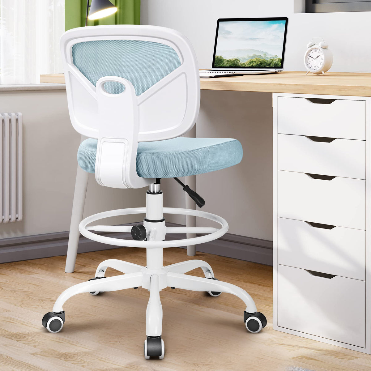 Primy Tall Drafting Desk Chair - Armless, Adjustable Height, Mesh Back, Rolling, Standing Desk Chair for Art Room, Office or Home (Black)