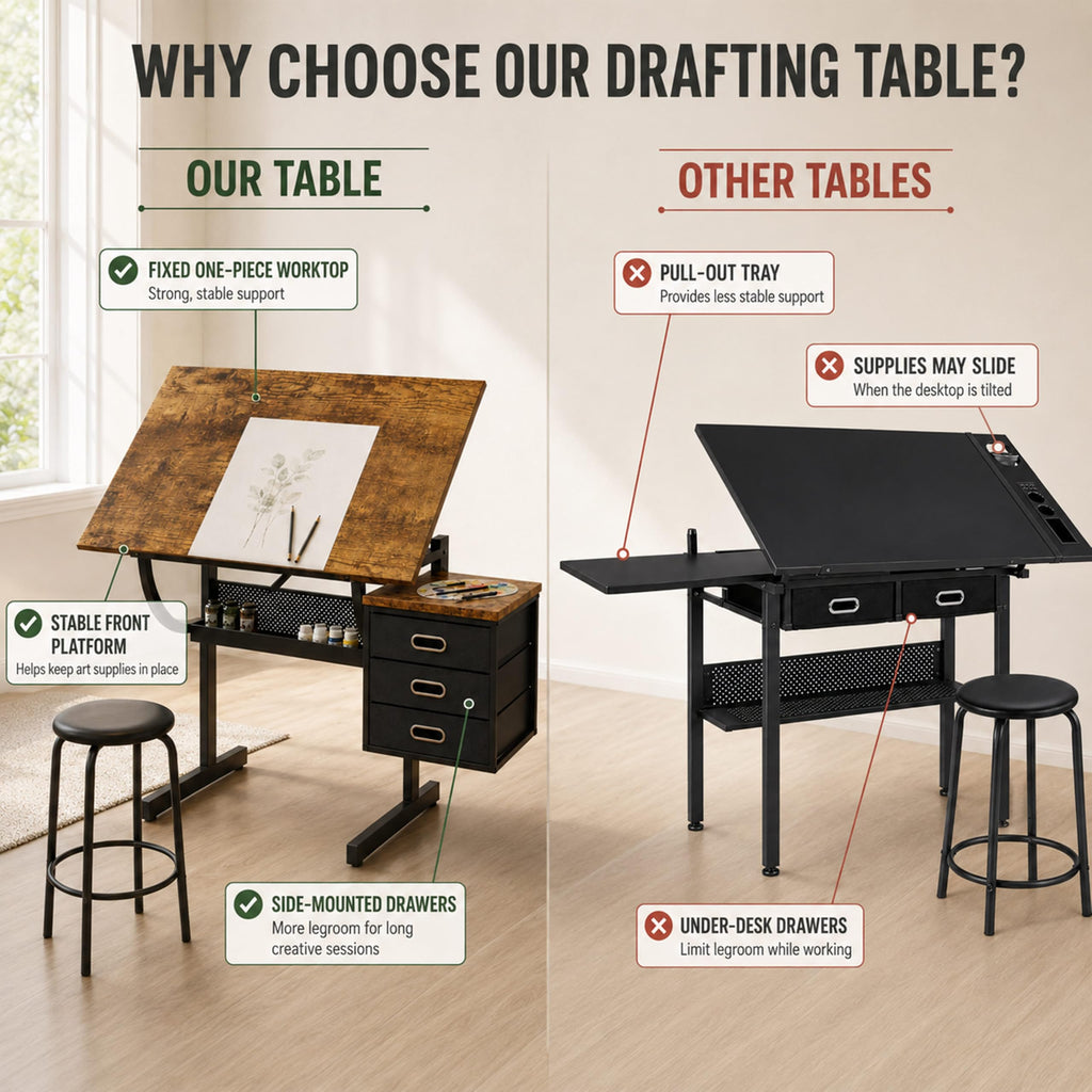 Adjustable Drawing Table with 3 Drawers and Stool, Black
