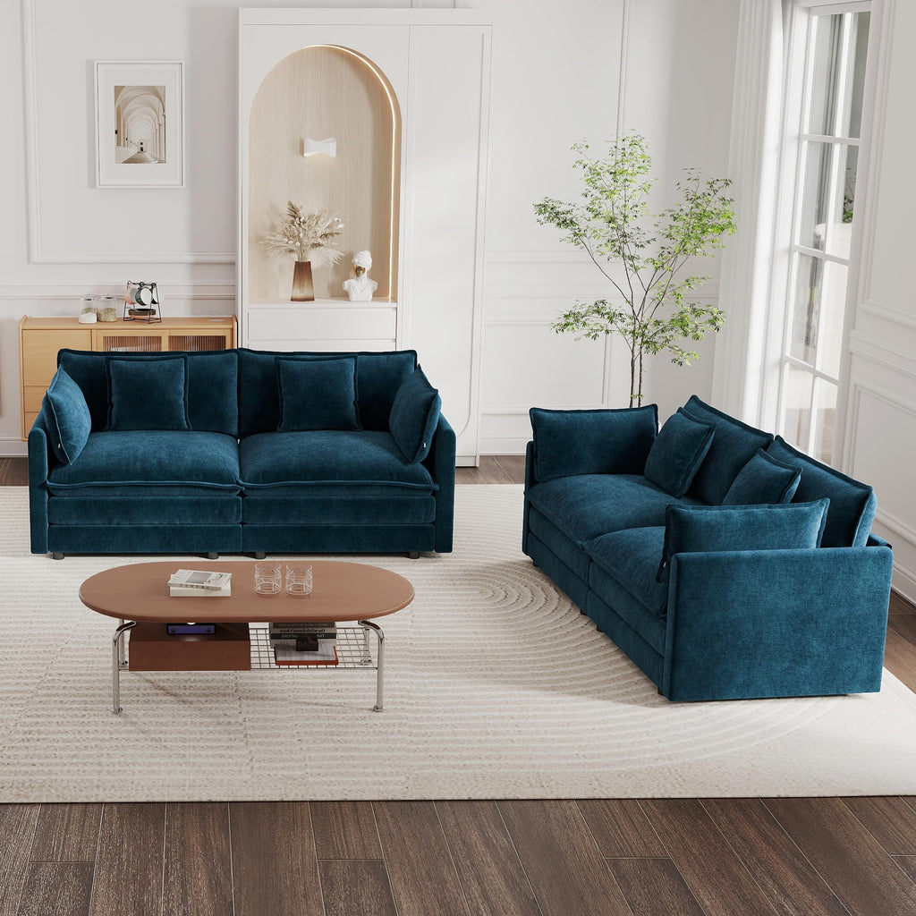 mikibama Luxury 2 Piece Loveseat Couch & Sofa Armchair Set, Modern Upholstered Chenille Cloud Couches Set Furniture with 5 Pillow for Living Room Bedroom Office Apartment, Evergreen