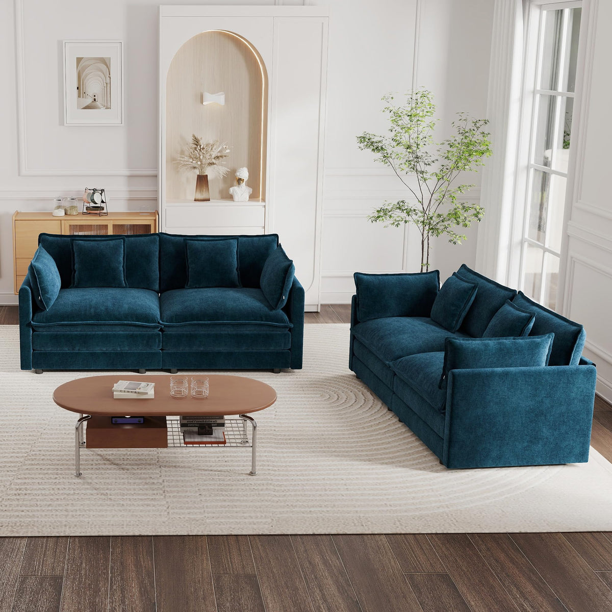 mikibama Luxury 2 Piece Loveseat Couch & Sofa Armchair Set, Modern Upholstered Chenille Cloud Couches Set Furniture with 5 Pillow for Living Room Bedroom Office Apartment, Evergreen
