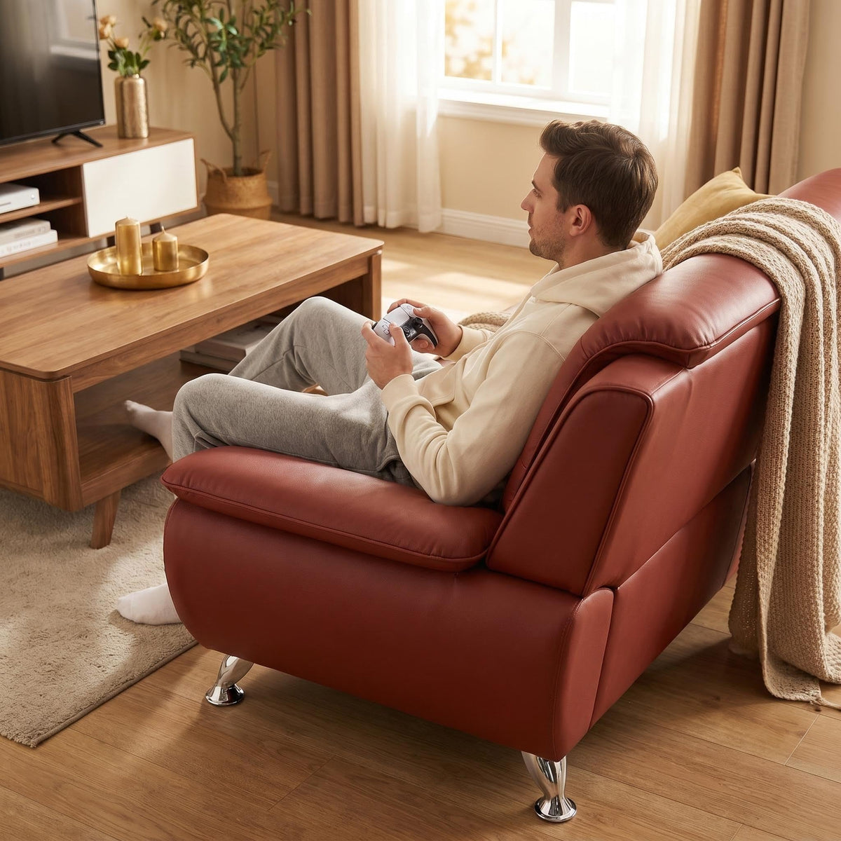 Modern Faux Leather Sofa Set â 3-Piece Living Room Couch with Chrome Legs & Padded Armrests â Includes 1-Seater, 2-Seater & 3-Seater â Contemporary Lounge Furniture for Home & Office (Brown)