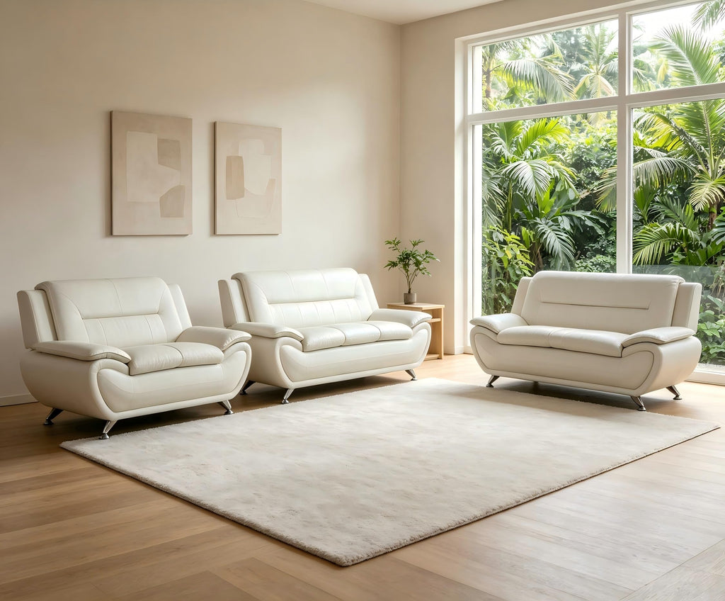 Creamy White Living Room Furniture Set, 2-Piece Modern Faux Leather Couches for Home, Living Room Sofa Sets, 3-Seater Sofa and Loveseat with Metal Feet, Couch Set for Bedroom, Hotel, Office