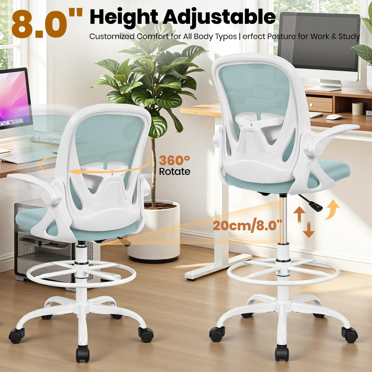 Drafting Chair Tall Office Chair with Flip-up Armrests, Adjustable Height, and Enhanced Lumbar Support - Ergonomic Rolling Stool, Back Support, and Adjustable Foot Rest Ring for Standing Desk White