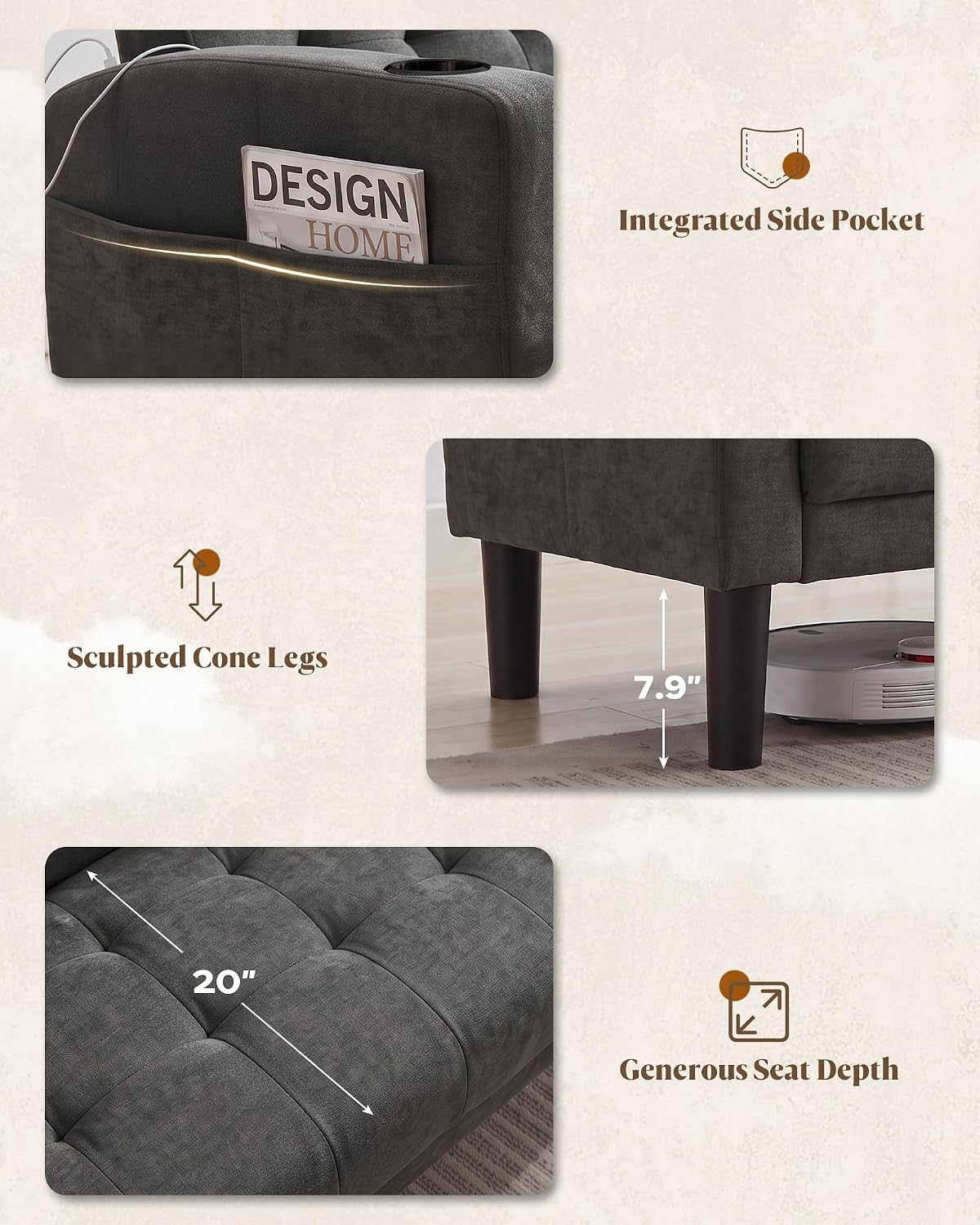 2 Piece Dark Grey Fabric Linen Mid Century Modern Living Room Sofa Set