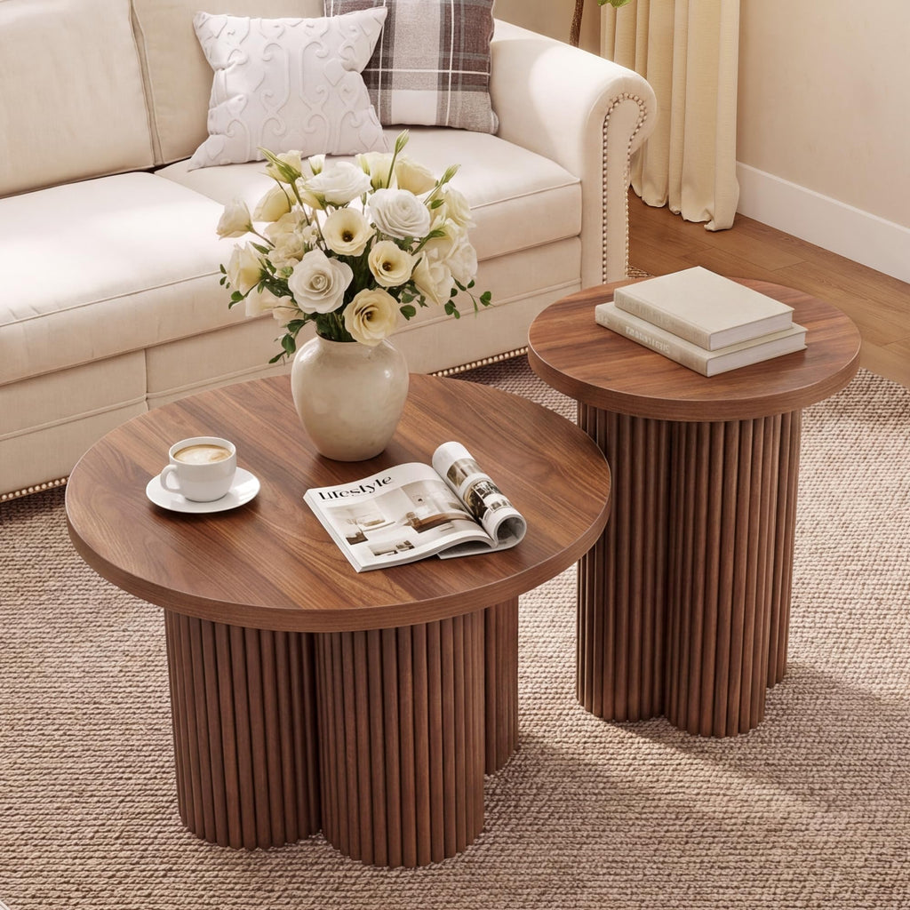 Round Nesting Coffee Table Set of 3 Fluted Coffee Table (Natural)