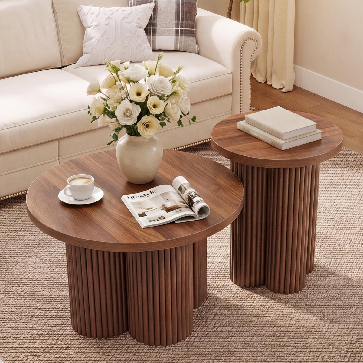 Round Nesting Coffee Table Set of 3 Fluted Coffee Table (Natural)