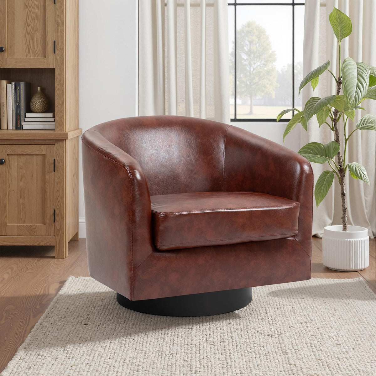 Faux Leather Swivel Accent Chairs Set of 2, Barrel Armchair, Brown