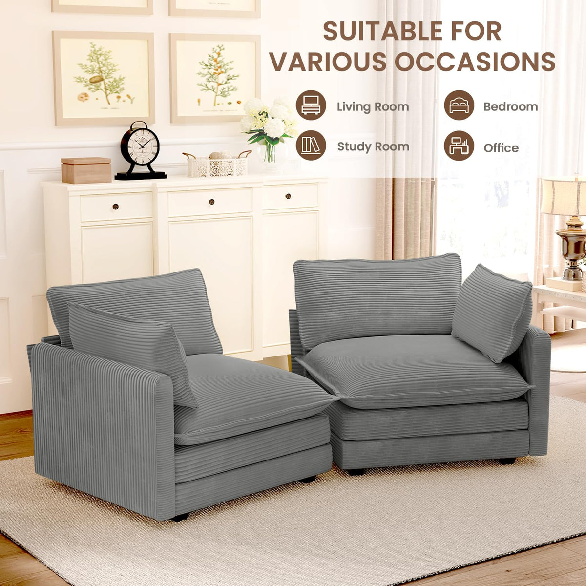 ROWHY 41'' Single Armchair with Ottoman, Modern Corduroy Cloud Couch with Convertible Chaise, Upholstered Sofa Set for Living Room, Green