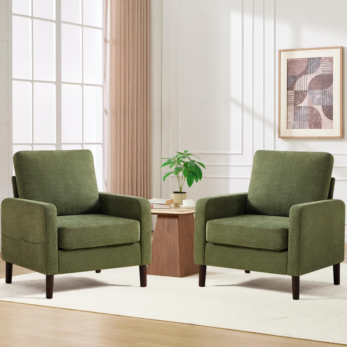 Accent Chair Set of 2, Upholstered Living Room Chairs with Wood Legs and Side Pockets, Modern Reading Chair for Bedroom, Armchair Single Sofa Side Chair for Office, Small Room, Dark Grey