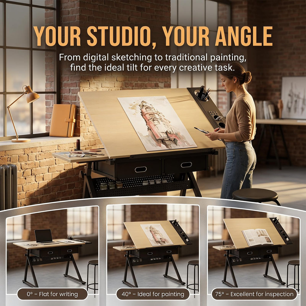 Height Adjustable Drafting Table Drawing Table Artist Desk Tilting Tabletop Art Craft Desk with 2 Storage Drawers and Stool, Art Craft Desk for Artist Painters Drawing Painting (All White)