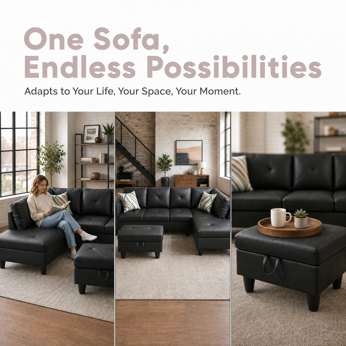 97.5" Leather L Shaped Couch with Left Chaise & Cup Holder, Sectional Sofas Modular Furniture Set with Storage Ottoman, Convertible Couches for Living Room, Office & Small Space (Black)