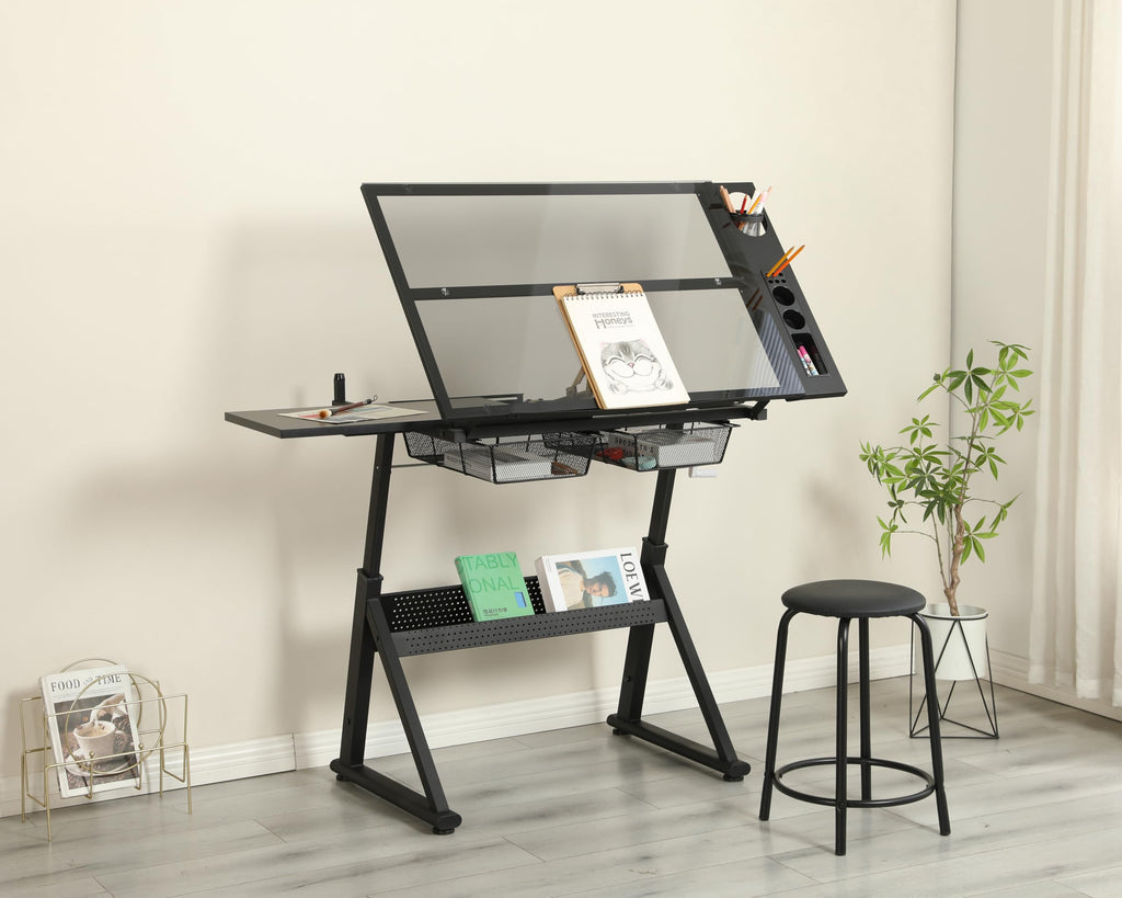 Drafting Table and Stool Set for Adults/Artists, Drawing Table with Adjustable Tabletop and Height, Art Workstation for Painters Crafting Reading Writing Home Office, All White