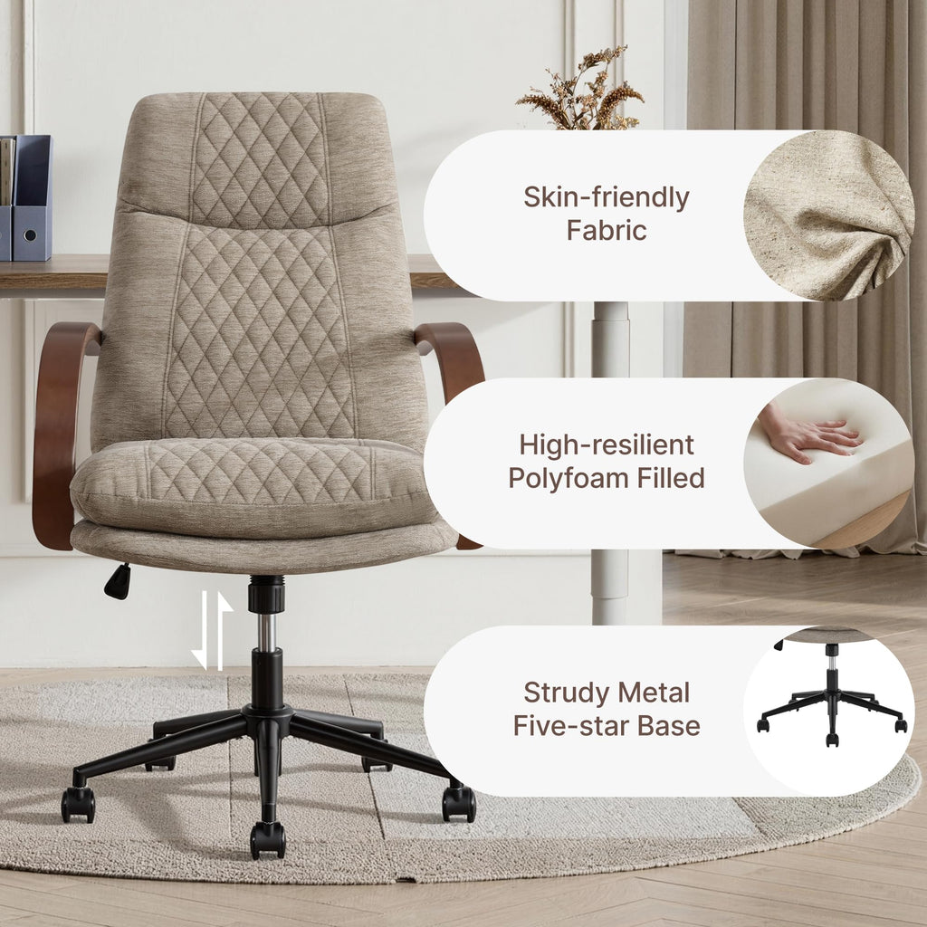KISLOT Home Office Desk Chair, Ergonomic Office Chair with Lumbar Support, Adjustable Swivel Computer Chair with Wheels, Faux Leather Executive Task Chair with Wood Arms, Set of 2, Brown