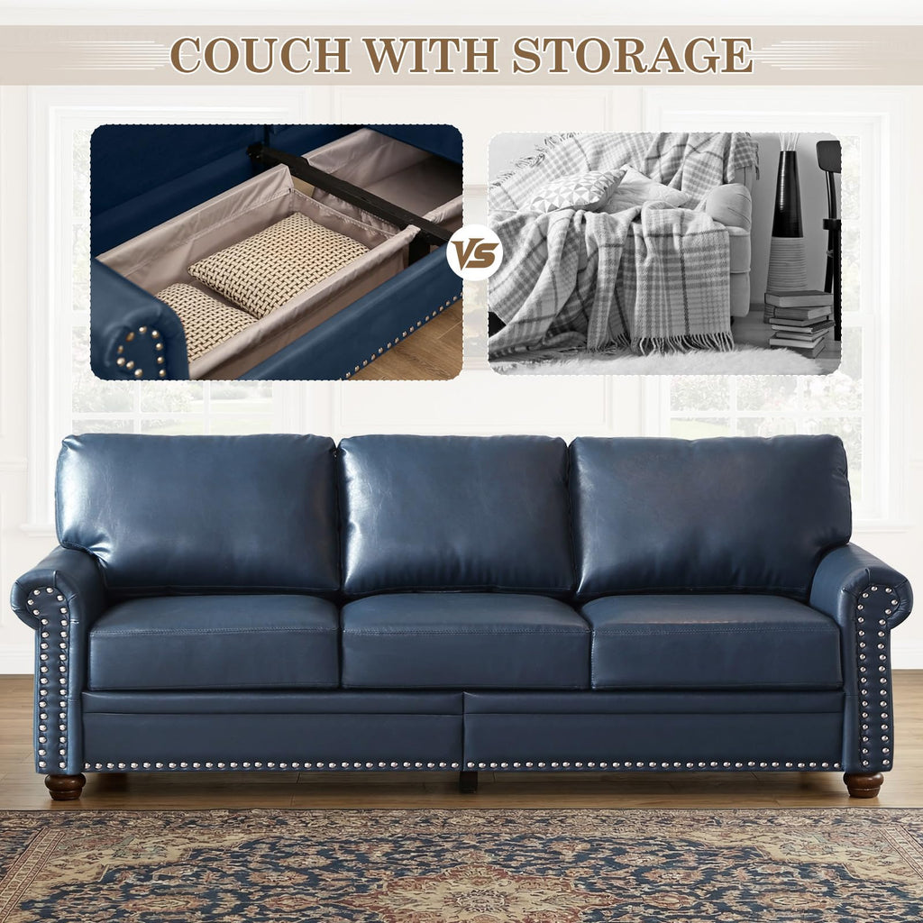 2 Piece Couch Sets for Living Room,Mid Century Modern Couch with Storage Nailhead Trim & Rolled Armrests,Deep Seat Comfy Couch,Furniture Set for Living Room,Bedroom,Office(Navy Blue,Loveseat+3 Seater)
