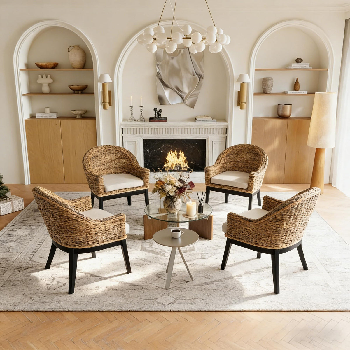 DUHOME 2 Sets Wood Rattan Arm Accent Chairs Natural Wash/White Cushion