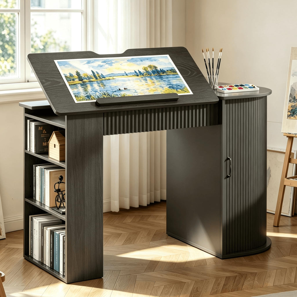 Fluted Drafting Table with Storage, Adjustable Drawing Desk (Walnut)