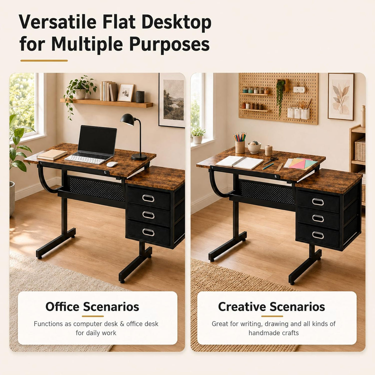 Artist Desks, Drafting Table with Stool & 3 Storage Drawersï¼Black