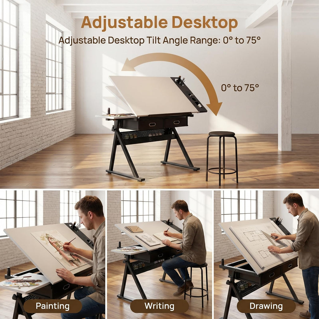 Drafting Table with Stool Height Adjustable Art Craft Desk with Storage, Tilting MDF Tabletop, Expansion Board, Drawing Table for Home Office, Artists, Painters (Rustic Brown)