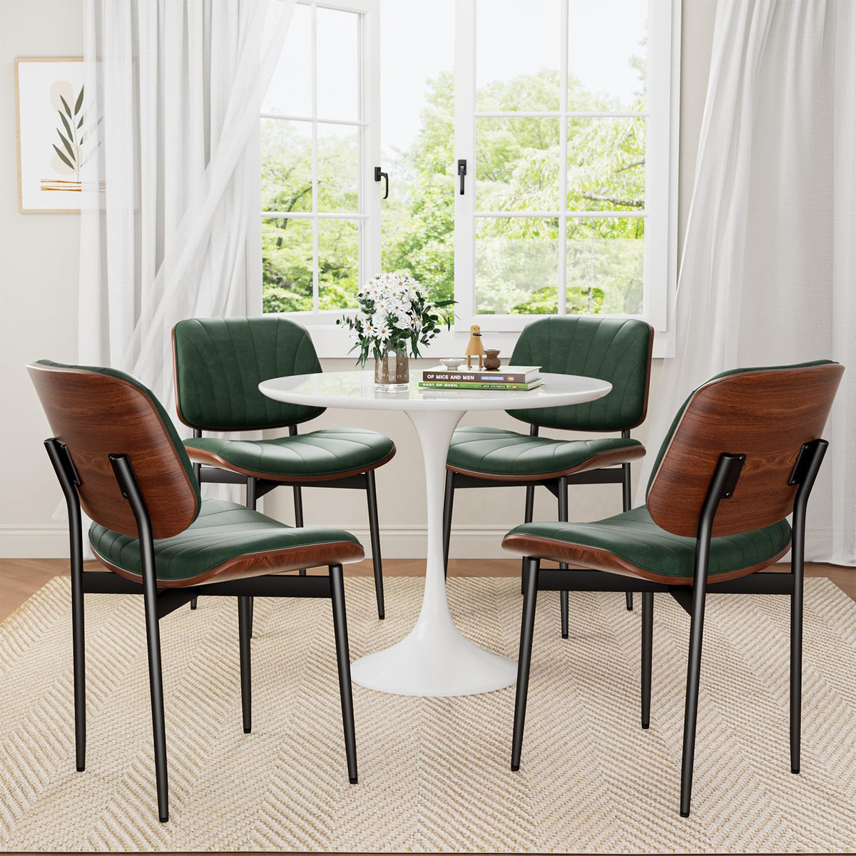 REONEY Dining Chairs Set of 4, Mid-Century Modern Kitchen Chairs, Black