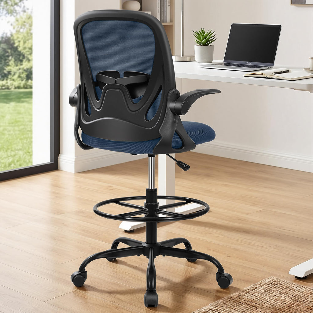 Drafting Chair Tall Office Chair with Flip-up Armrests, Adjustable Height, and Enhanced Lumbar Support - Ergonomic Rolling Stool, Back Support, and Adjustable Foot Rest Ring for Standing Desk White