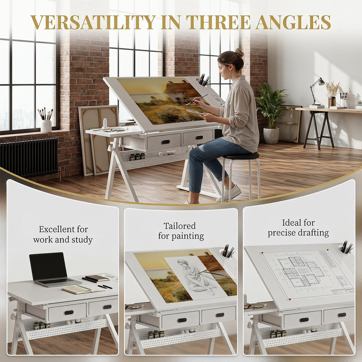 Height Adjustable Drafting Table w/Stool, Painting Table Art Craft Desk Crafting Drawing Desk with Tilting Tabletop, 2 Storage Drawers for Artist Painters (Rustic Brown)