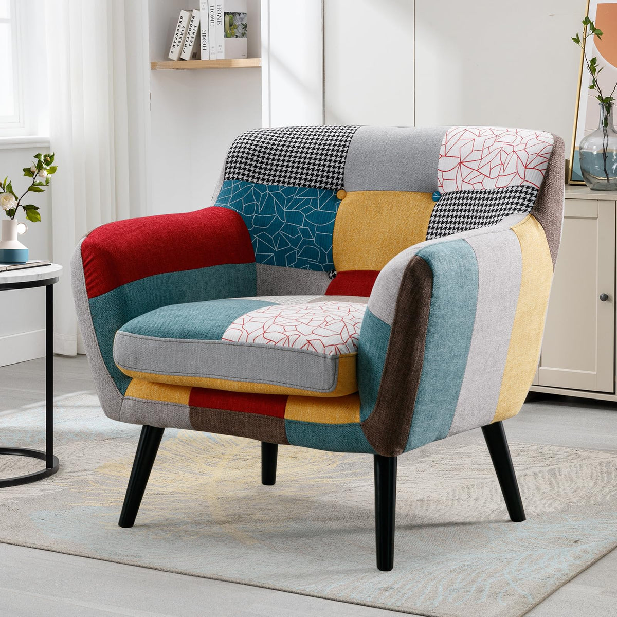 Bonzy Home Modern Colorful 2 Piece Coroful Fabric Sofa Set, Included Accent Chairs and Boho Loveseat Sofa, Linen Patchwork Plaid Couches with Rubberwood Legs and Removable Upholstered for Living Room