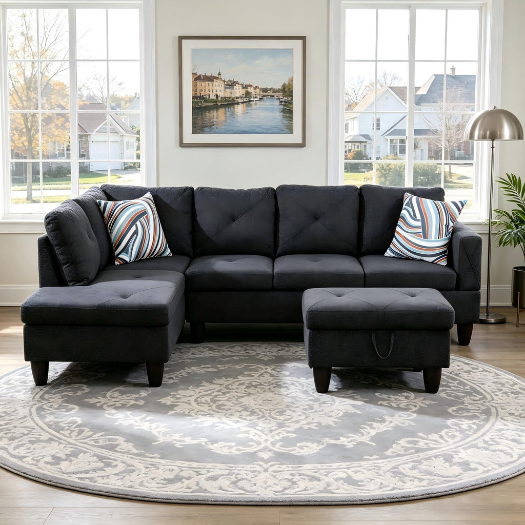 97.5" L-Shaped Modular Sectional Sofa with Movable Chaise & Storage Ottoman, 3 Piece Convertible Leather Couch, 4 Seat Gloss Black Living Room Furniture Set for Apartment Home Office