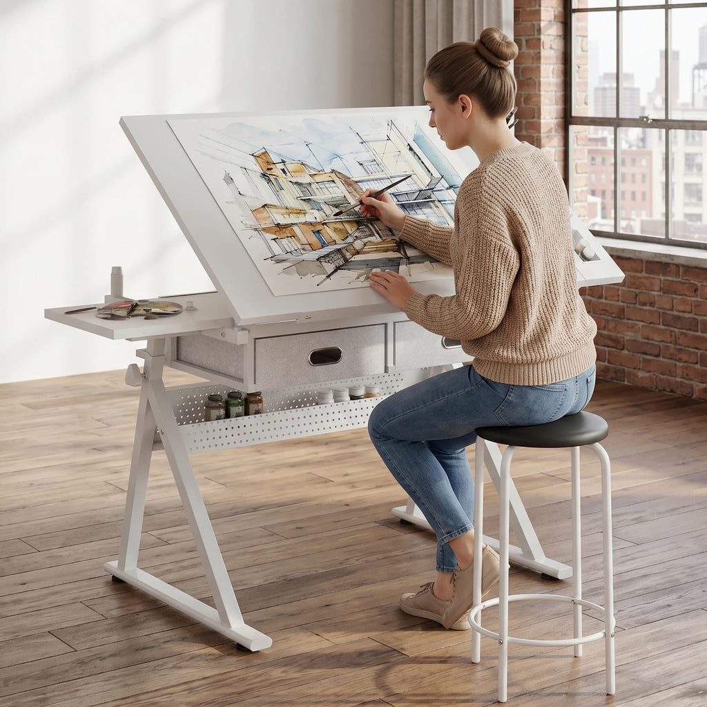 Height Adjustable Drafting Table w/Stool, Painting Table Art Craft Desk Crafting Drawing Desk with Tilting Tabletop, 2 Storage Drawers for Artist Painters (Rustic Brown)