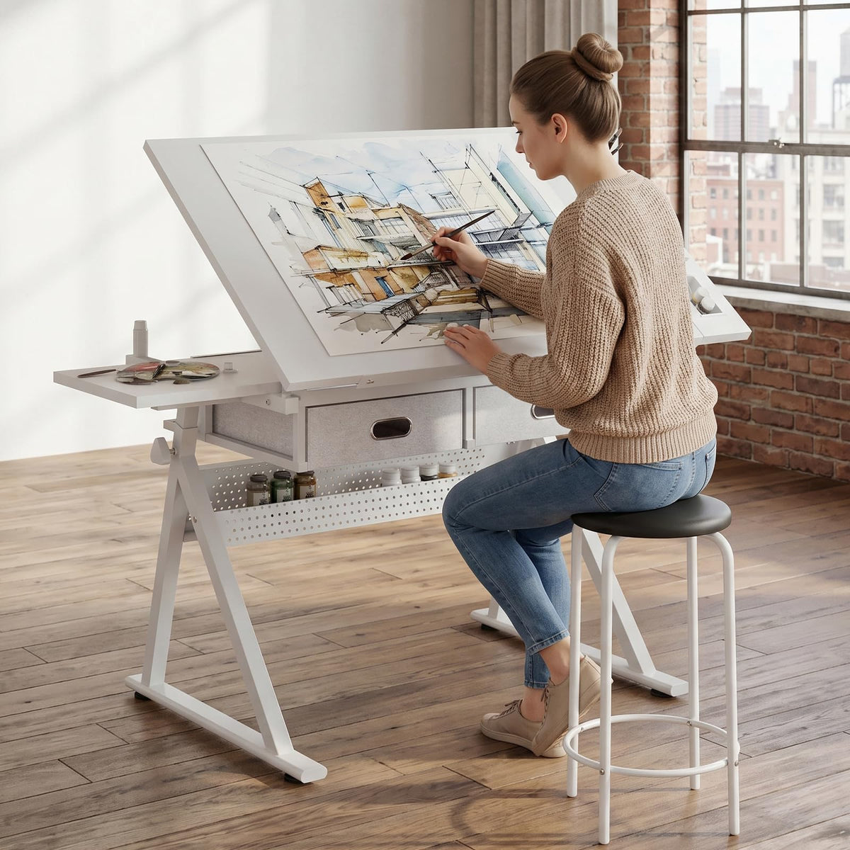 Height Adjustable Drafting Table w/Stool, Painting Table Art Craft Desk Crafting Drawing Desk with Tilting Tabletop, 2 Storage Drawers for Artist Painters (Rustic Brown)